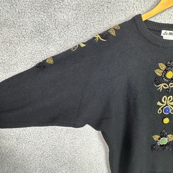 VTG  80s La Mittini Wool Angora Sweater L Black Floral Embroidered Beaded Retro - Picture 8 of 13